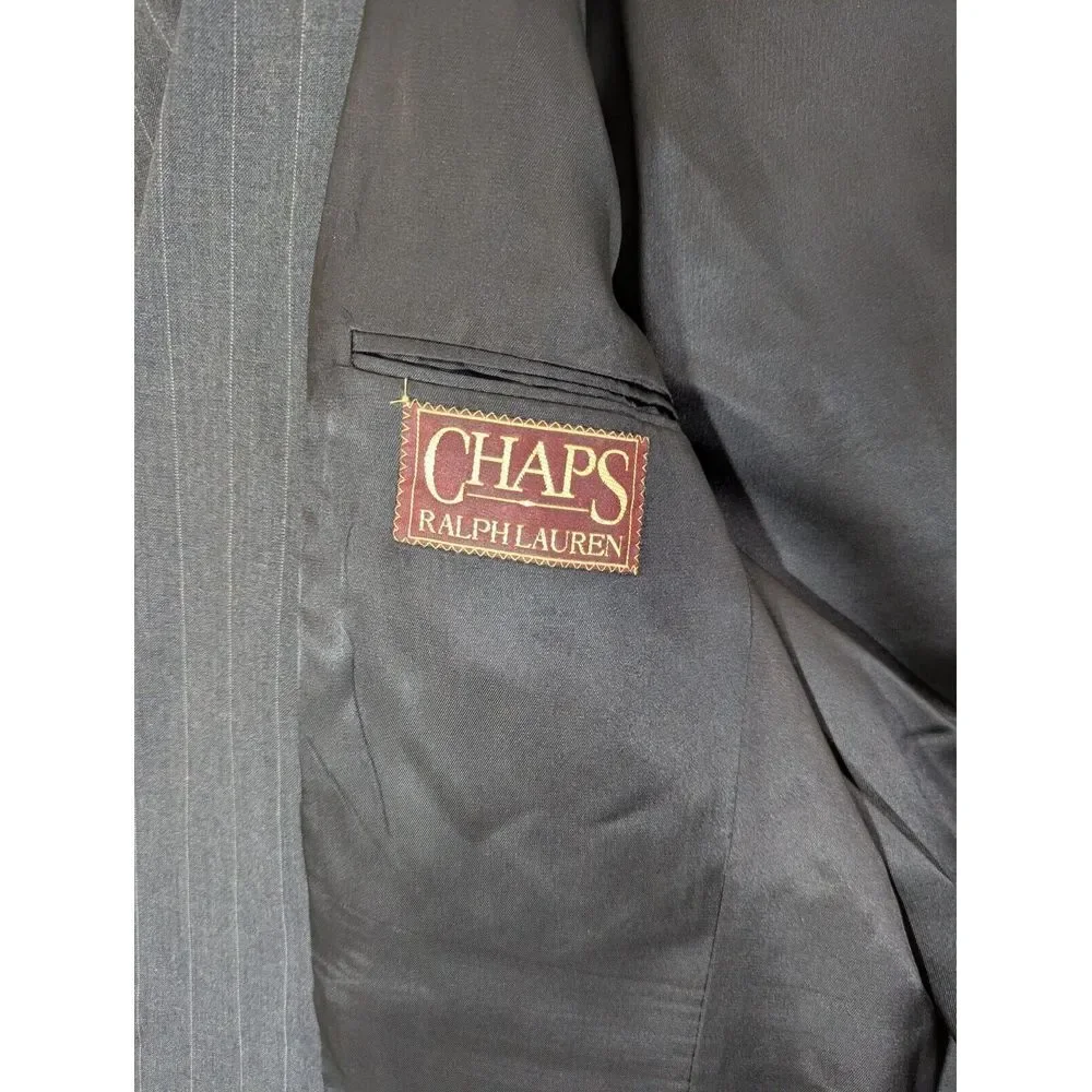 Chaps Ralph Lauren Sport Coat Mens 42R Grey Striped 1980s Virgin Wool Blazer Vtg